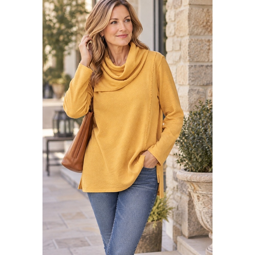 Soft Surroundings Women's XL Mustard Cowl Neck Tunic Sweater Cotton Modal